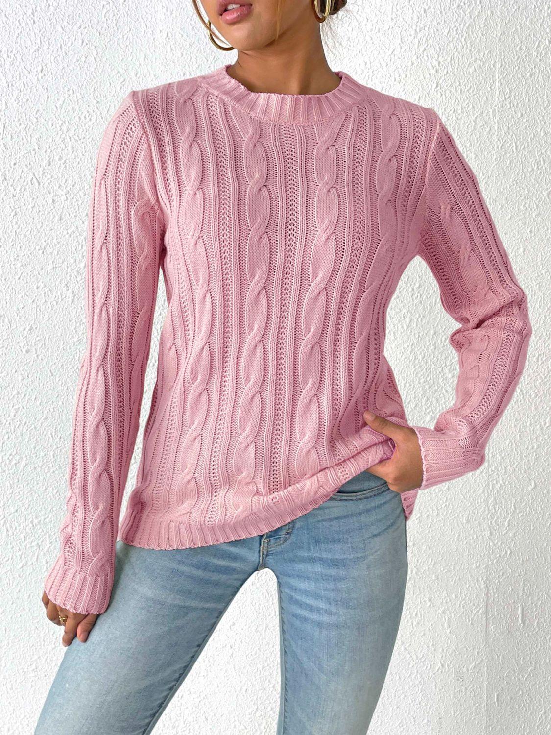 Cable-Knit Round Neck Sweater Dusty Pink