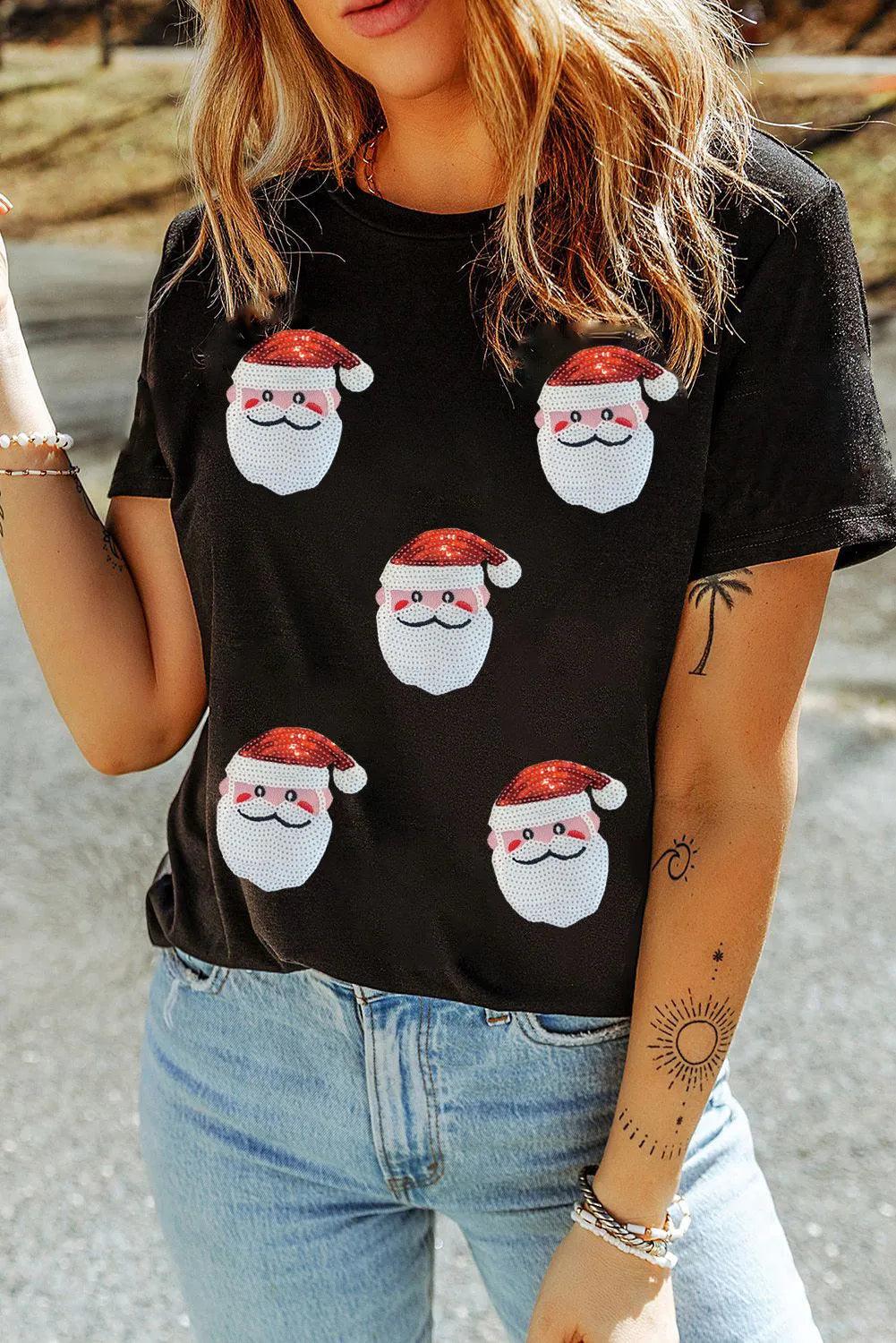 Sequin Santa Round Neck Short Sleeve T-Shirt Black