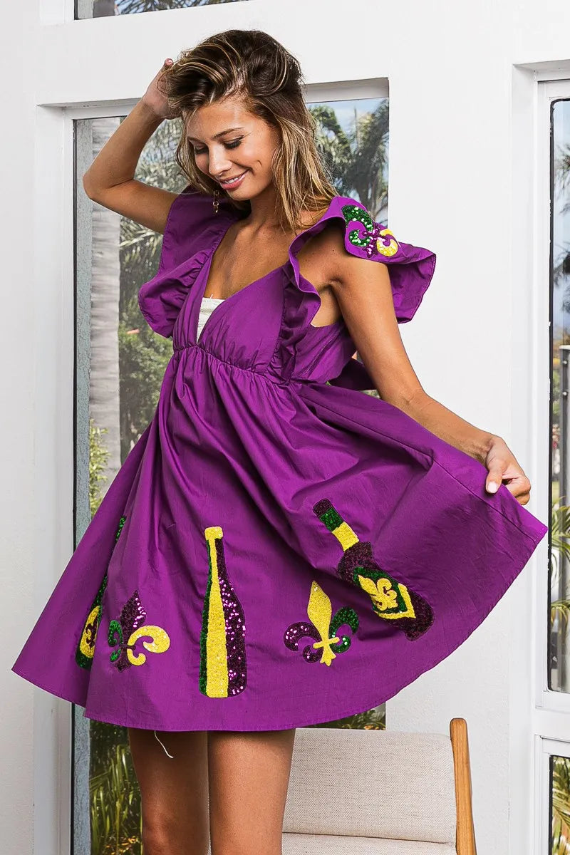 BiBi Mardi Gras Sequin Embroidery Ruffled Dress