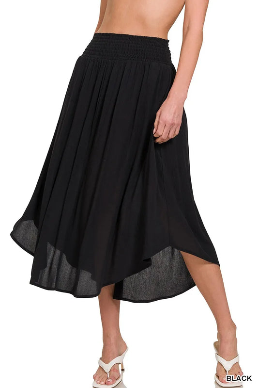 Zenana Woven Crinkle Smocked Waist Maxi Skirt W Pockets BLACK