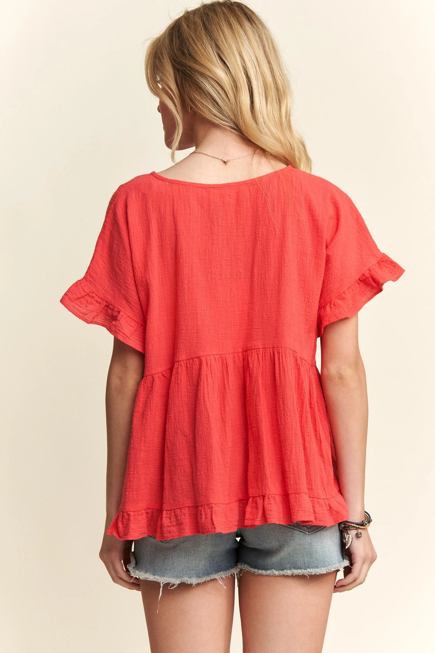 ADORA Button Down Ruffled Babydoll Blouse