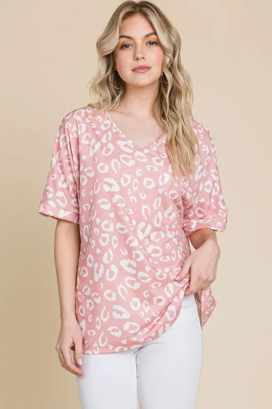 BOMBOM Loose Fit Animal Print Soft Knit Top BLUSH