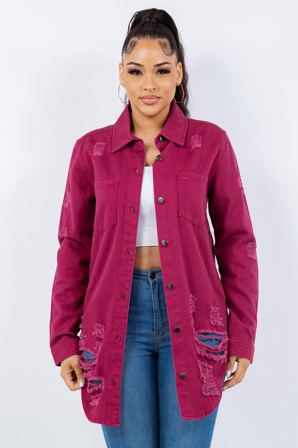 American Bazi Distressed Button Up Long Sleeve Denim Jacket Deep Purple