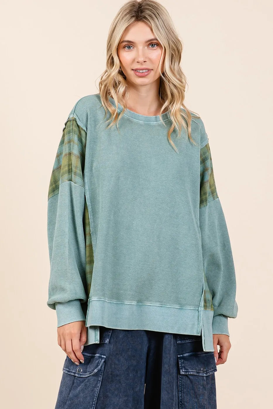Mittoshop Plaid Panel Mineral Wash French Terry Sweatshirt