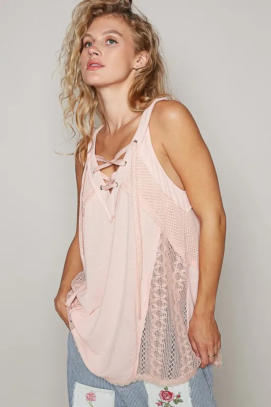 POL Lace Up Crochet Lace Tank