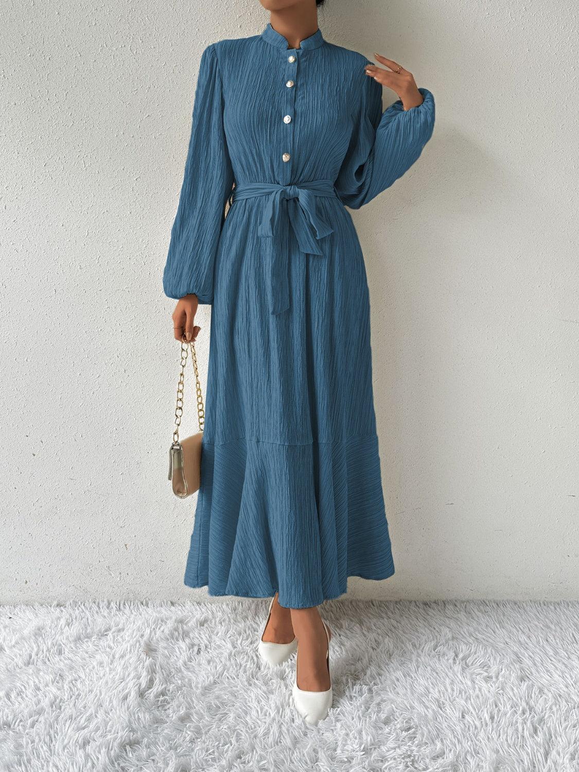 Honey Tie Waist Long Sleeve Dress Deep Teal
