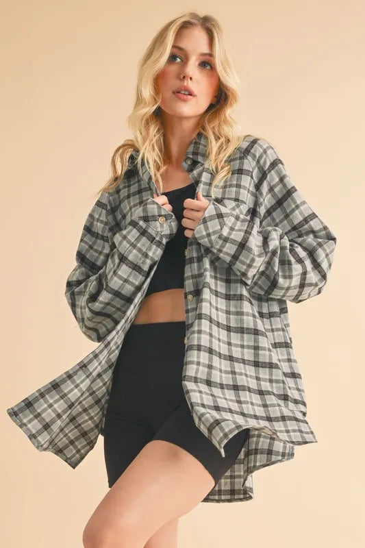 Aemi + Co Plaid Button Up Flannel Shirt with Chest Pocket