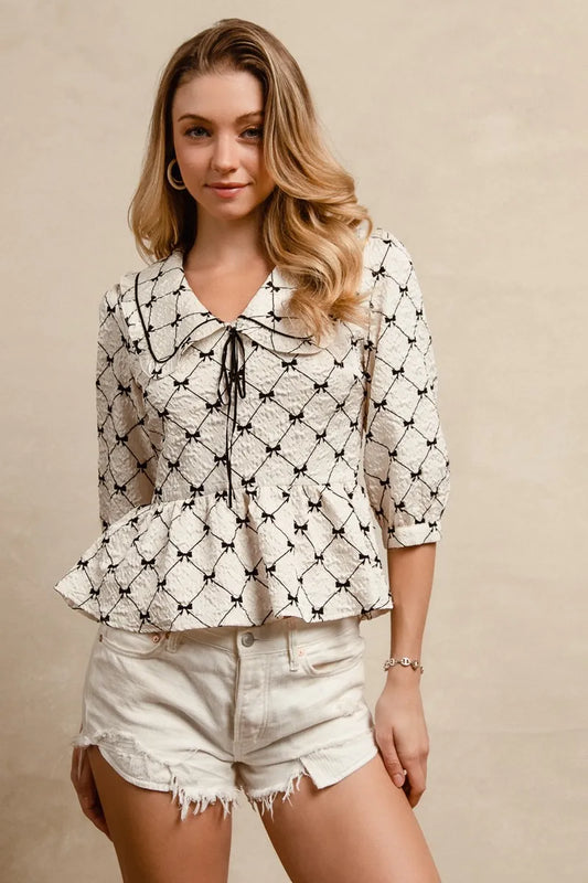 BiBi Bow Prints-patterns Ruffle Collar Details Peplum Top