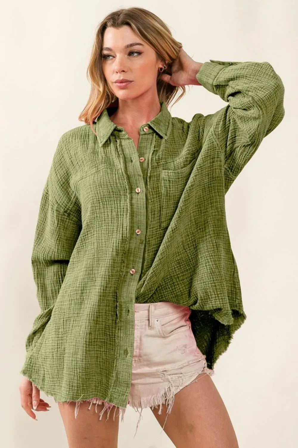 BiBi Raw Edge Detailed Mineral Washed Loose Fit Shirt VINTAGE OLIVE