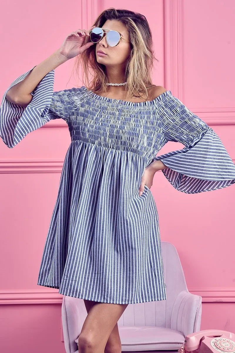 BiBi Smocked Off Shoulder Striped Dress