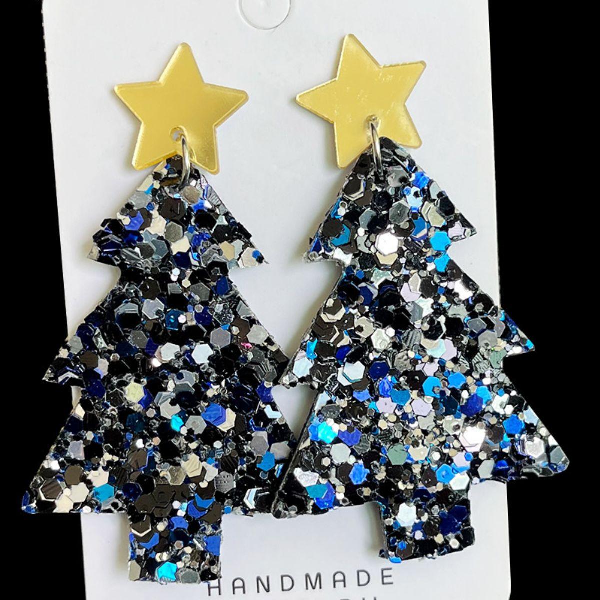 Christmas Tree Acrylic Dangle Earrings Dark Blue One Size