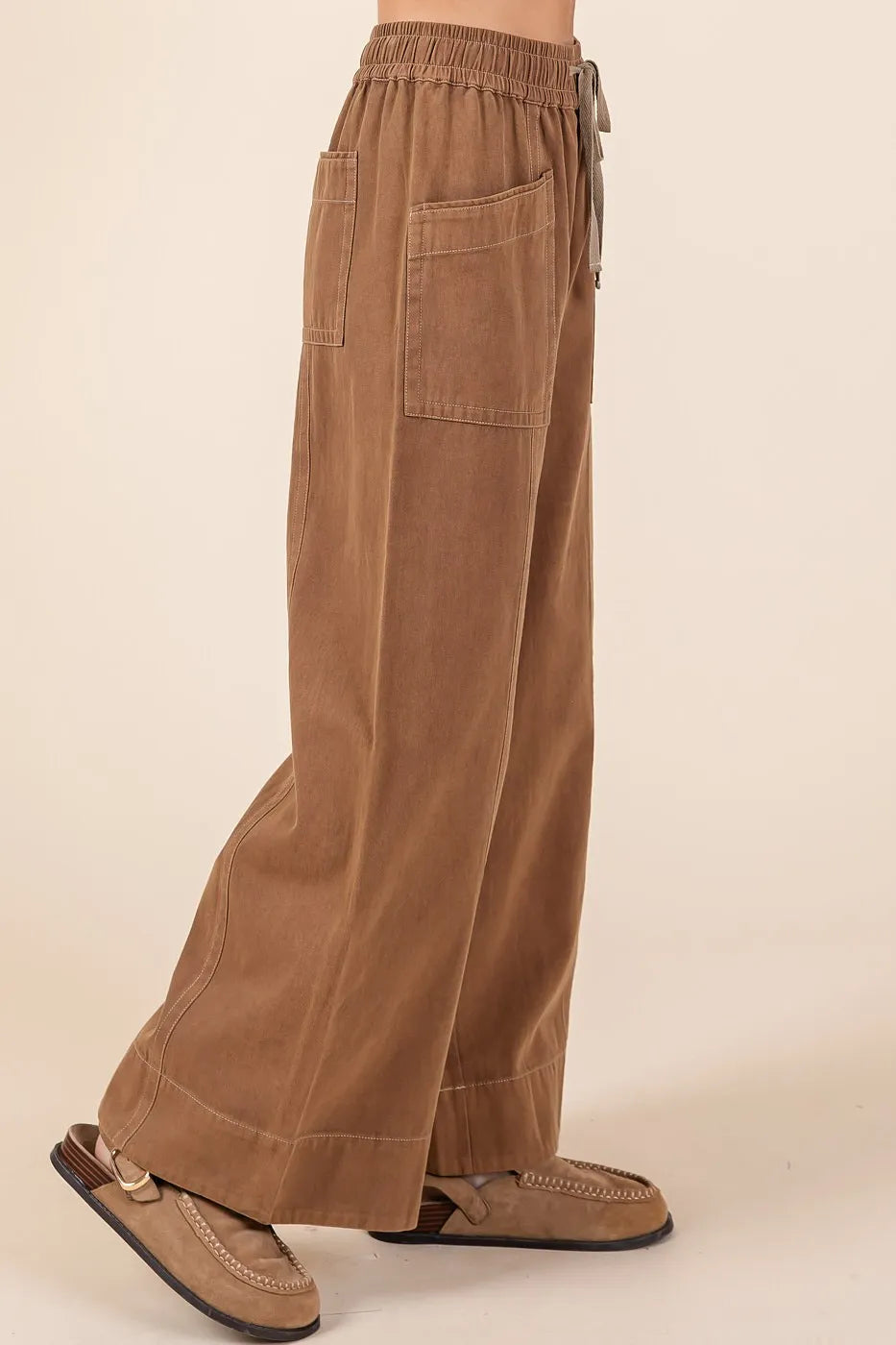 Mittoshop Mineral Wash Wide Leg Elastic Waist Twill Pants