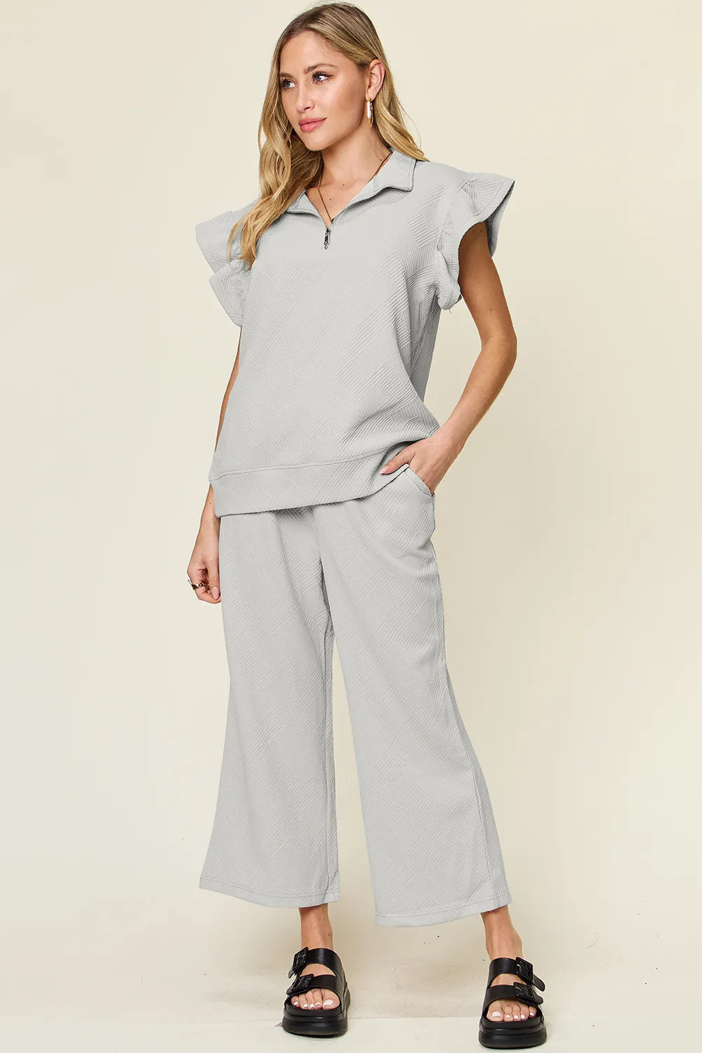 Double Take Texture Ruffle Short Sleeve Top and Drawstring Wide Leg Pants Set Light Gray