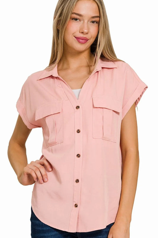 Zenana Tencel V-neck Collared Top W Front Flap Pockets