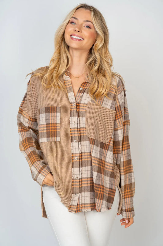 White Birch Full Size Contrast Plaid Button Down Shirt Brown