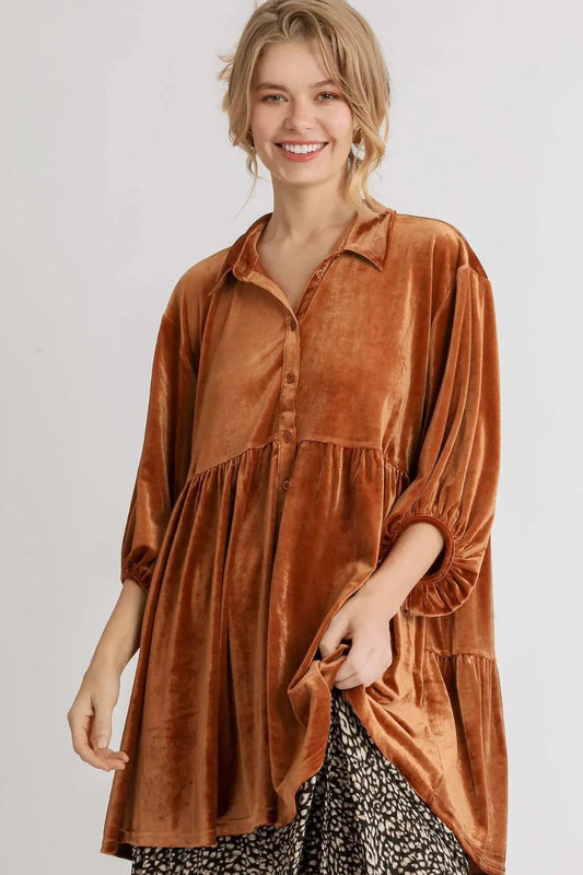 Umgee Full Size Button Down Tiered Back High Low Shirt Terracotta