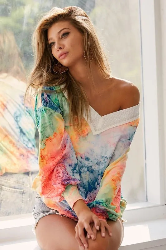 BiBi Tie Dye Soft Knit Jersey V-Neck Top