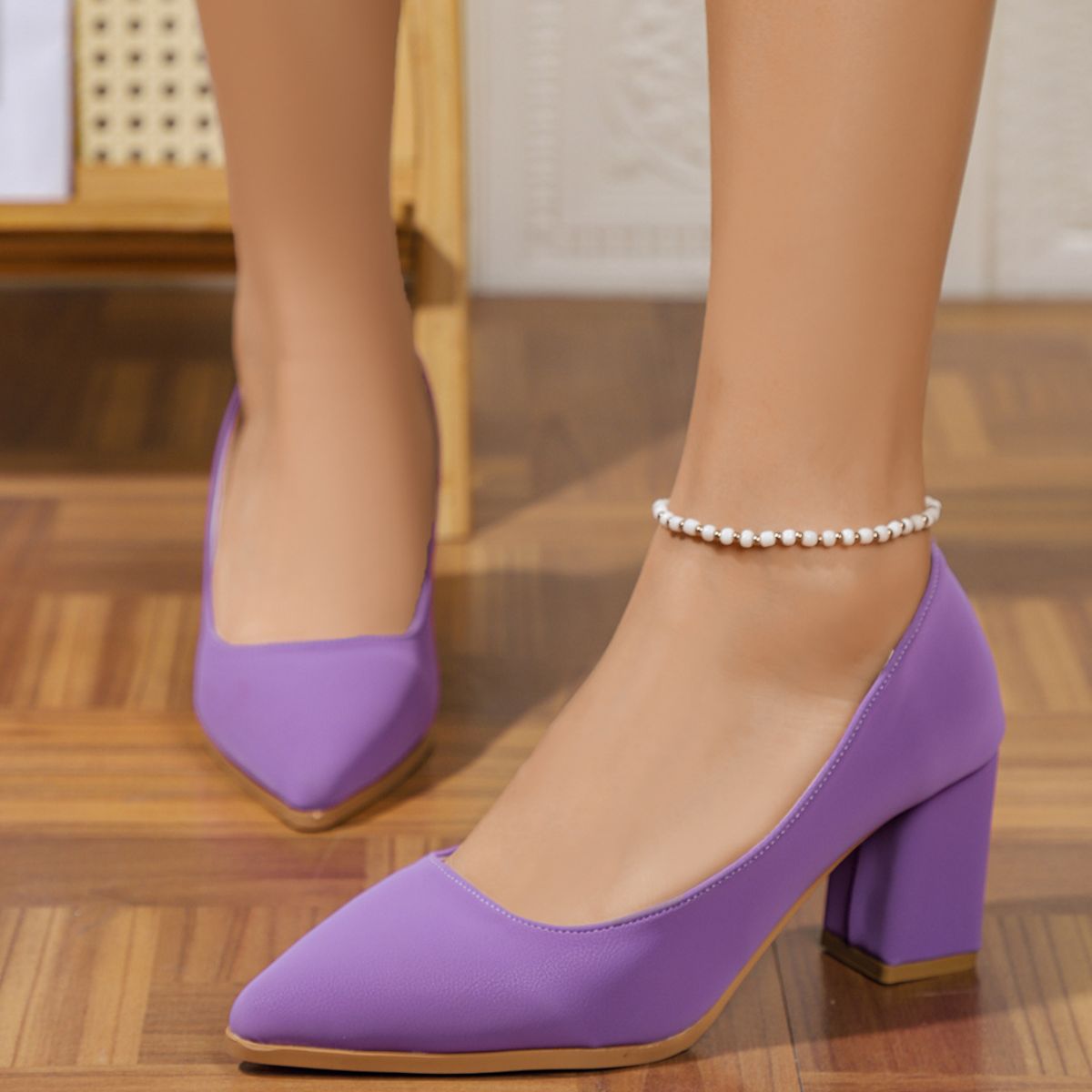 Point Toe Block Heels Pumps Purple