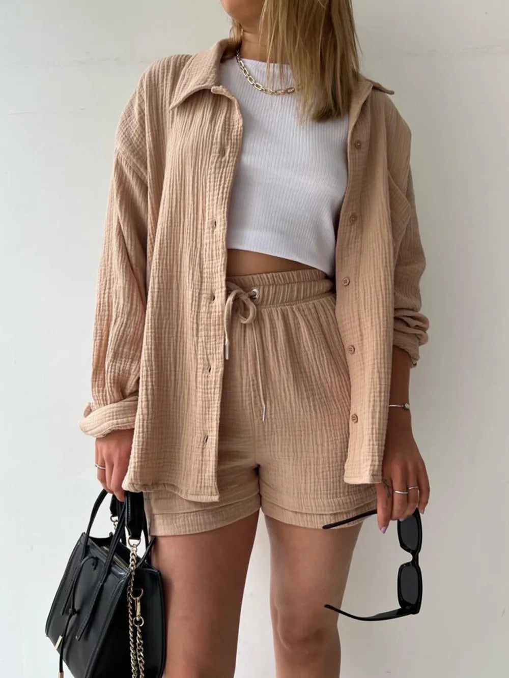 Texture Button Up Shirt and Drawstring Shorts Set Camel