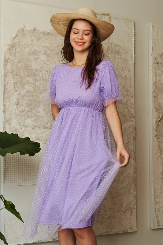 Davi & Dani Mesh Puff Short Sleeve Midi Dress