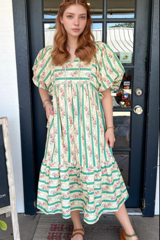 Striped Floral Print Tie Neck Puff Sleeve Midi Dress