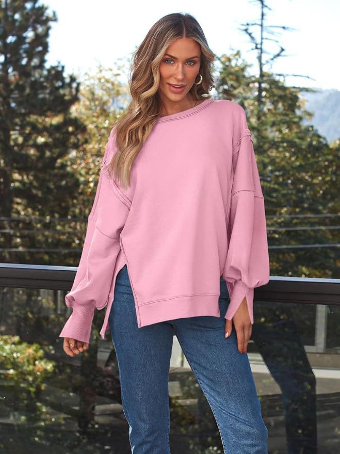 Slit Round Neck Long Sleeve Sweatshirt Pink
