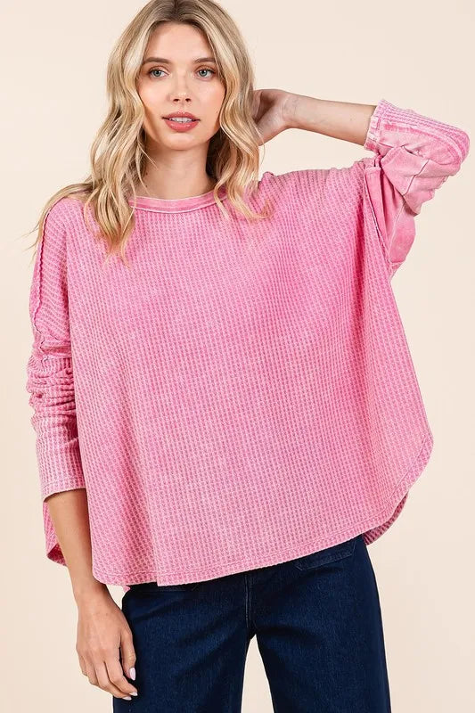 Mittoshop Waffle-Knit Exposed Seam Round Neck Top