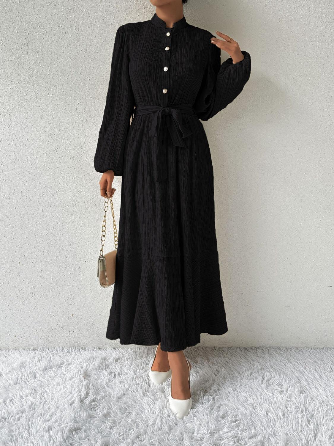 Honey Tie Waist Long Sleeve Dress Black