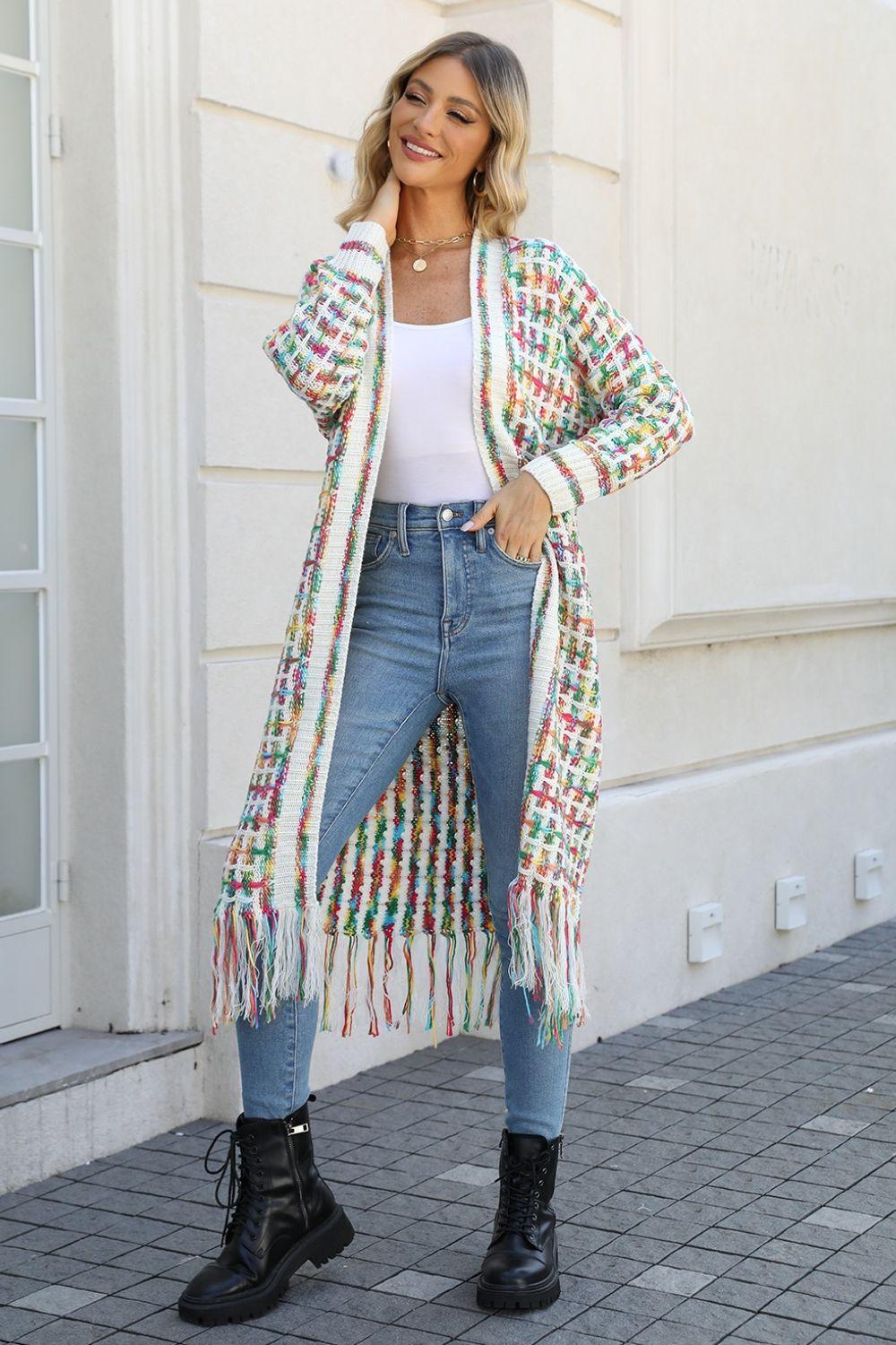 Angel Wings Full Size Multicolored Open Front Fringe Hem Cardigan Mid Green
