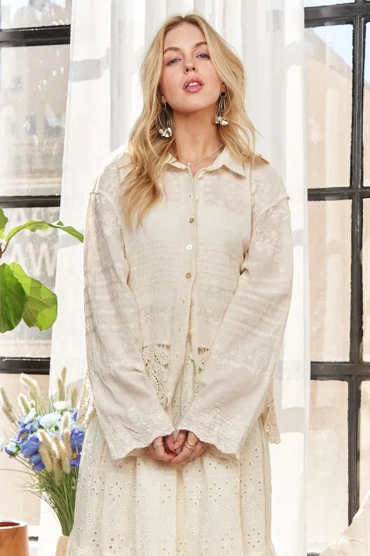 ADORA Crochet Lace Long Sleeves Button Down Shirt
