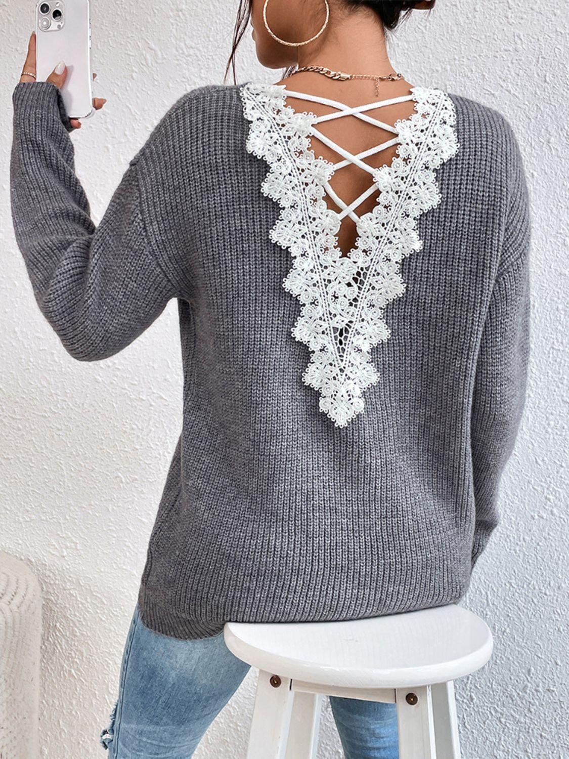 Crisscross V-Neck Long Sleeve Sweater Gray