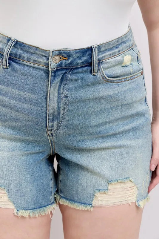 Judy Blue Full Size High Rise Washed Fly Stitch Detail and Destroy Denim Shorts Plus Size