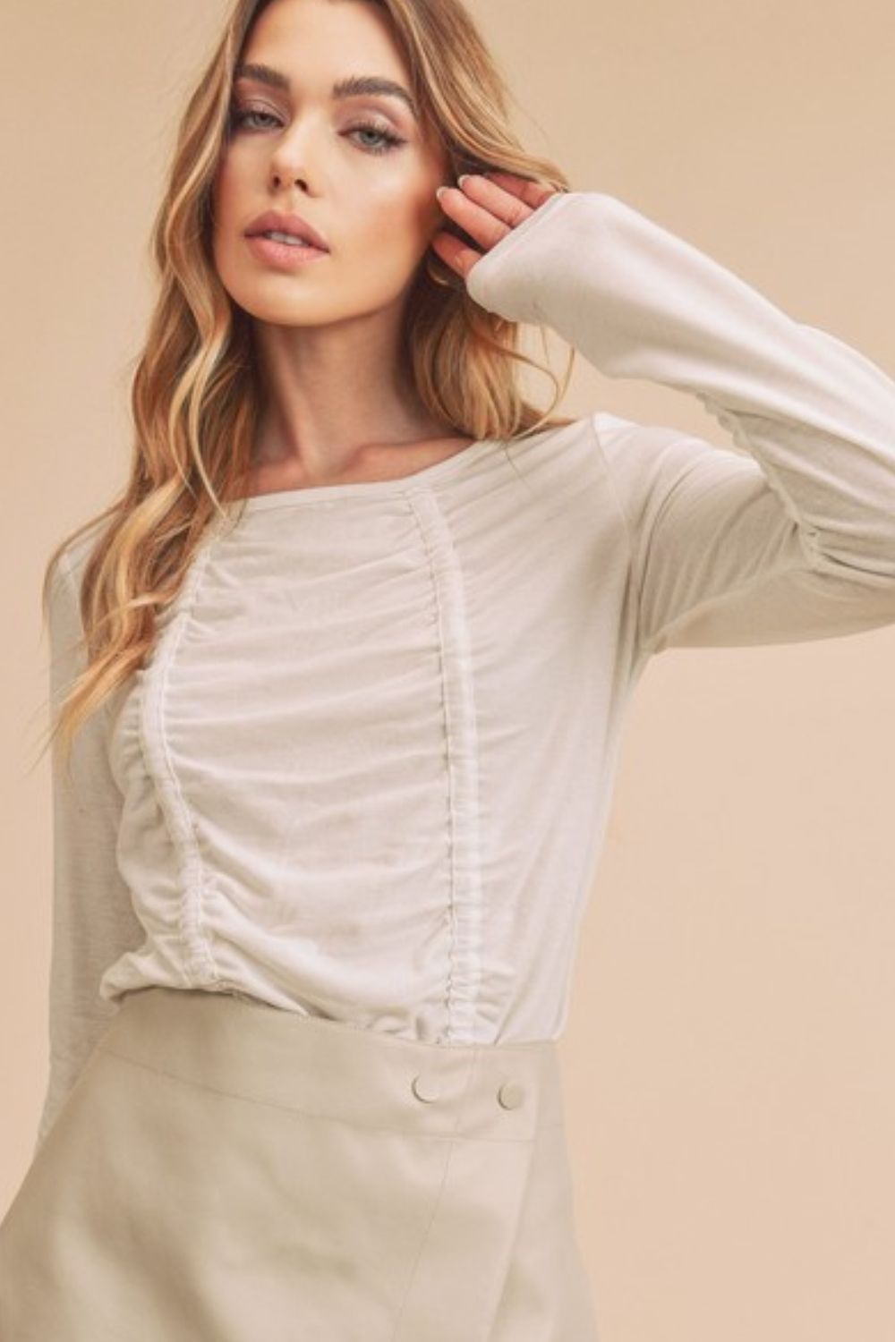 Aemi + Co Ruched Front Round Neck Long Sleeve T-Shirt