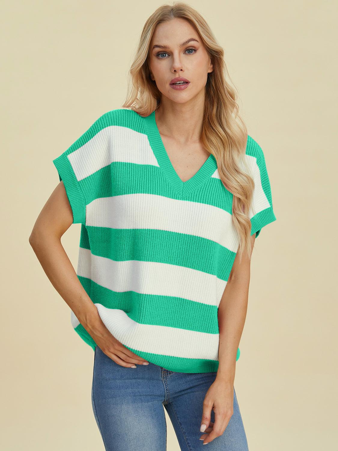 Double Take Full Size Striped V-Neck Short Sleeve Sweater Turquoise