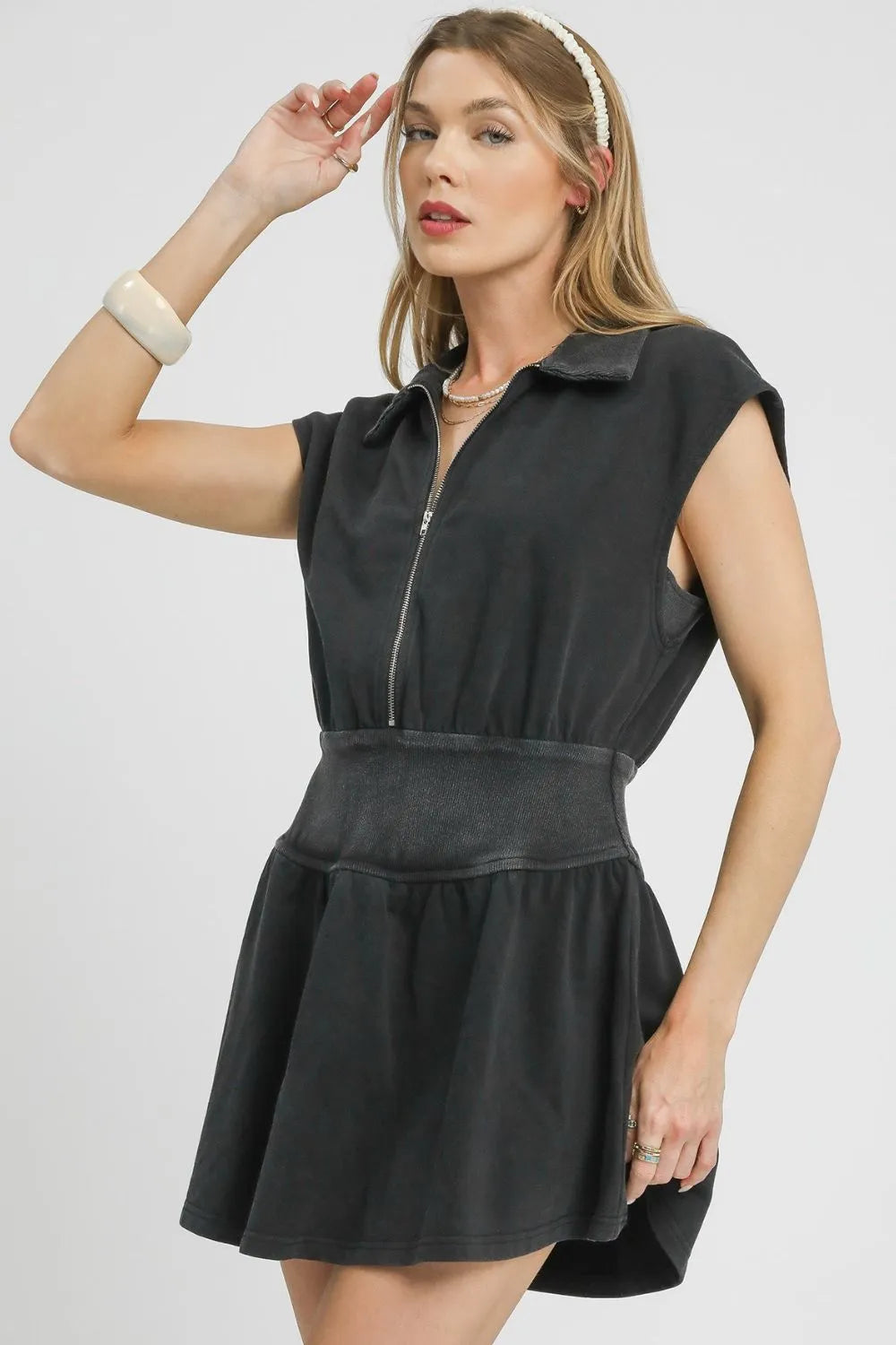 Umgee Zip Front Cap Sleeve Mini Dress