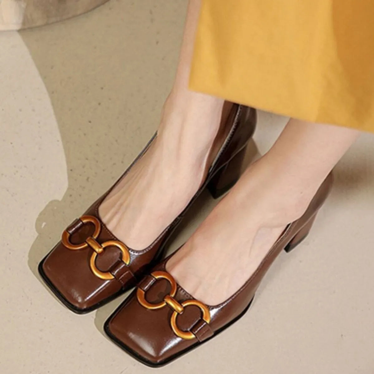Square Toe Block Heels Pumps Dark Brown