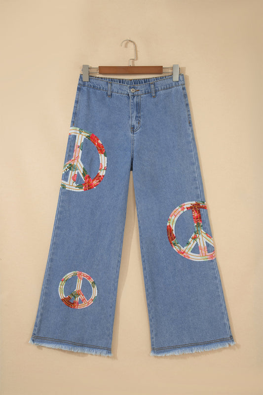 Floral Peace Sign Embroidered Patch Wide Leg Jeans