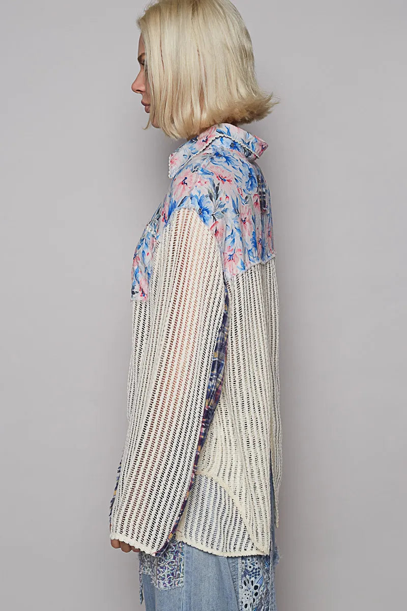 POL Floral Slit Back Plaid Patchwork Shirt