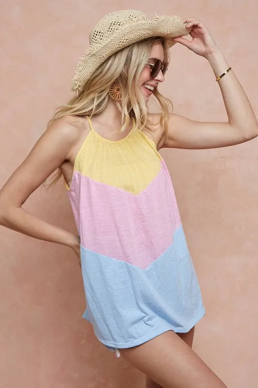 BiBi Triblend Knit Color Block Halter Neck Top
