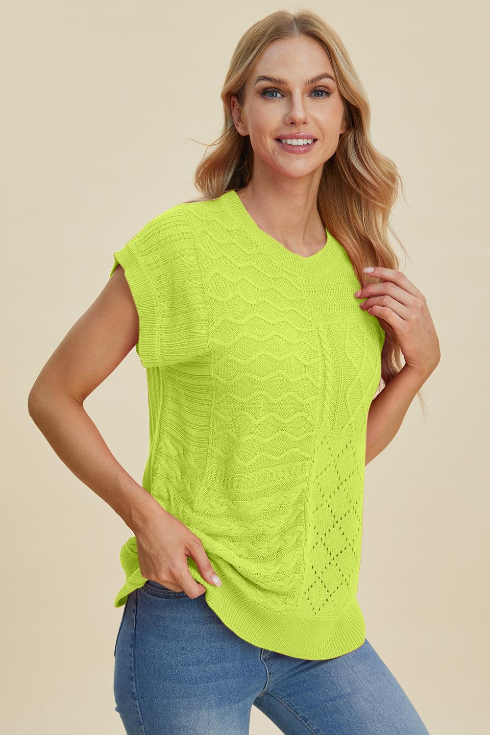 Double Take Full Size Cable-Knit Round Neck Cap Sleeve Sweater Lime