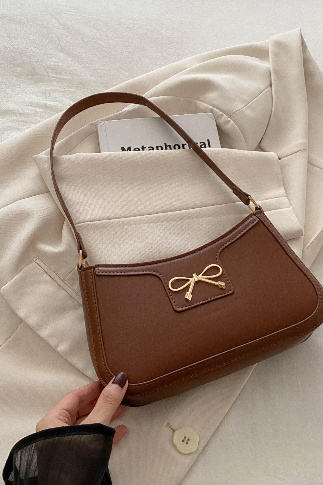 Bow Trim PU Leather Shoulder Bag Brown One Size