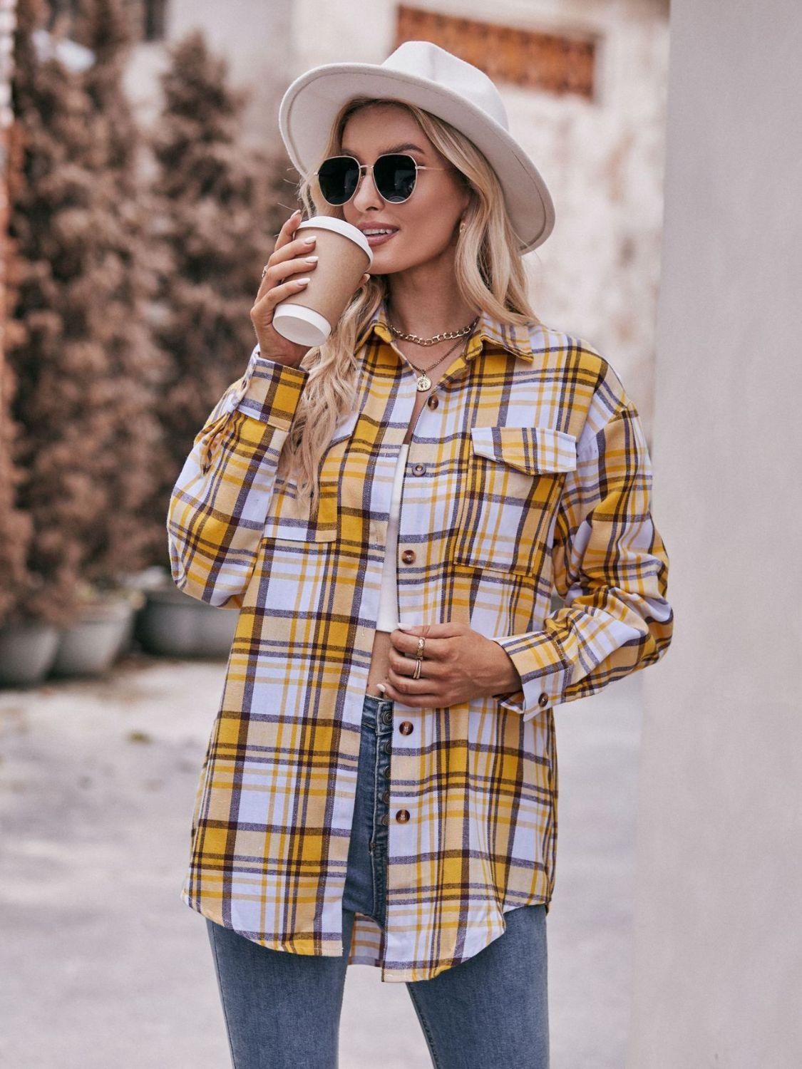 Mandy Plaid Dropped Shoulder Longline Shirt Mustard