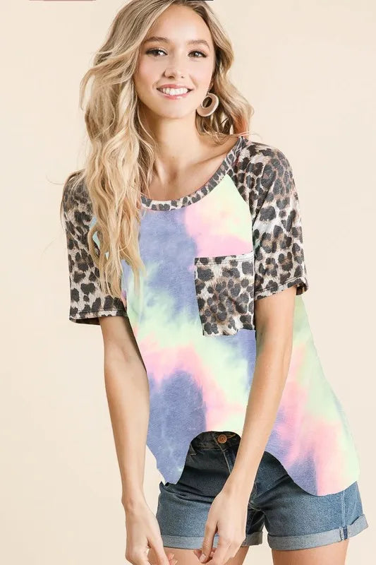 BiBi Tie Dye Knit Top with Leopard Raglan Sleeves