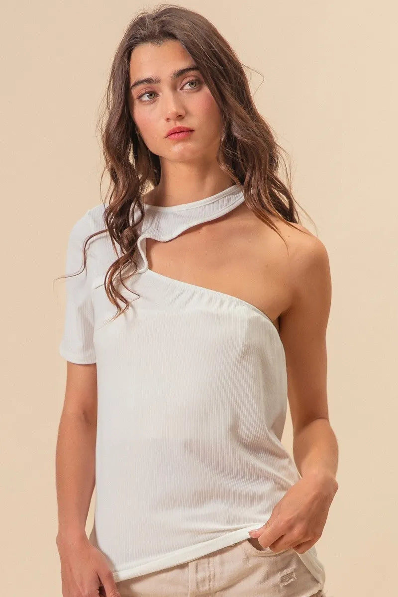 BiBi Soft Rib Knit with Cut Out One Shoulder Top