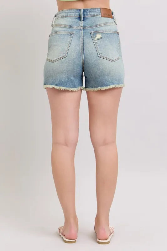 Judy Blue Full Size High Rise Washed Fly Stitch Detail and Destroy Denim Shorts Plus Size