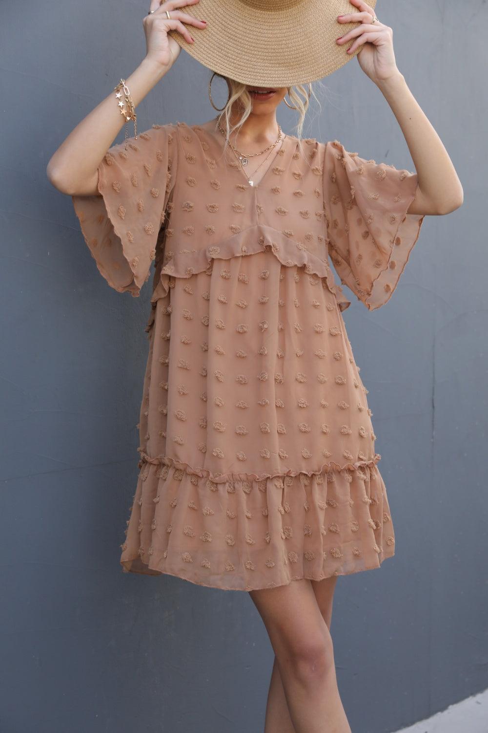 Swiss Dot V-Neck Flutter Sleeve Mini Dress Camel