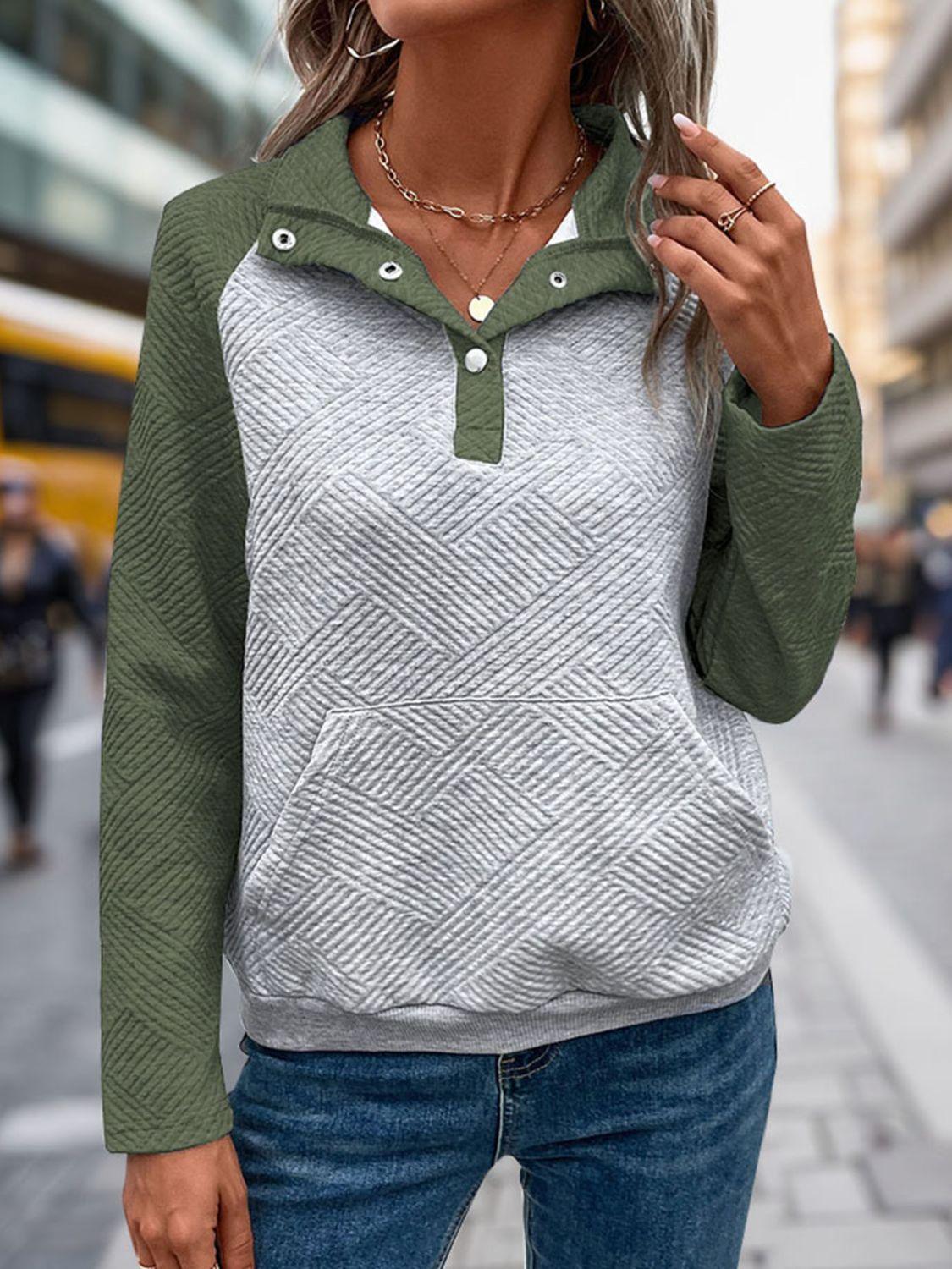 Perfee Contrast Textured Long Sleeve Sweatshirt Moss