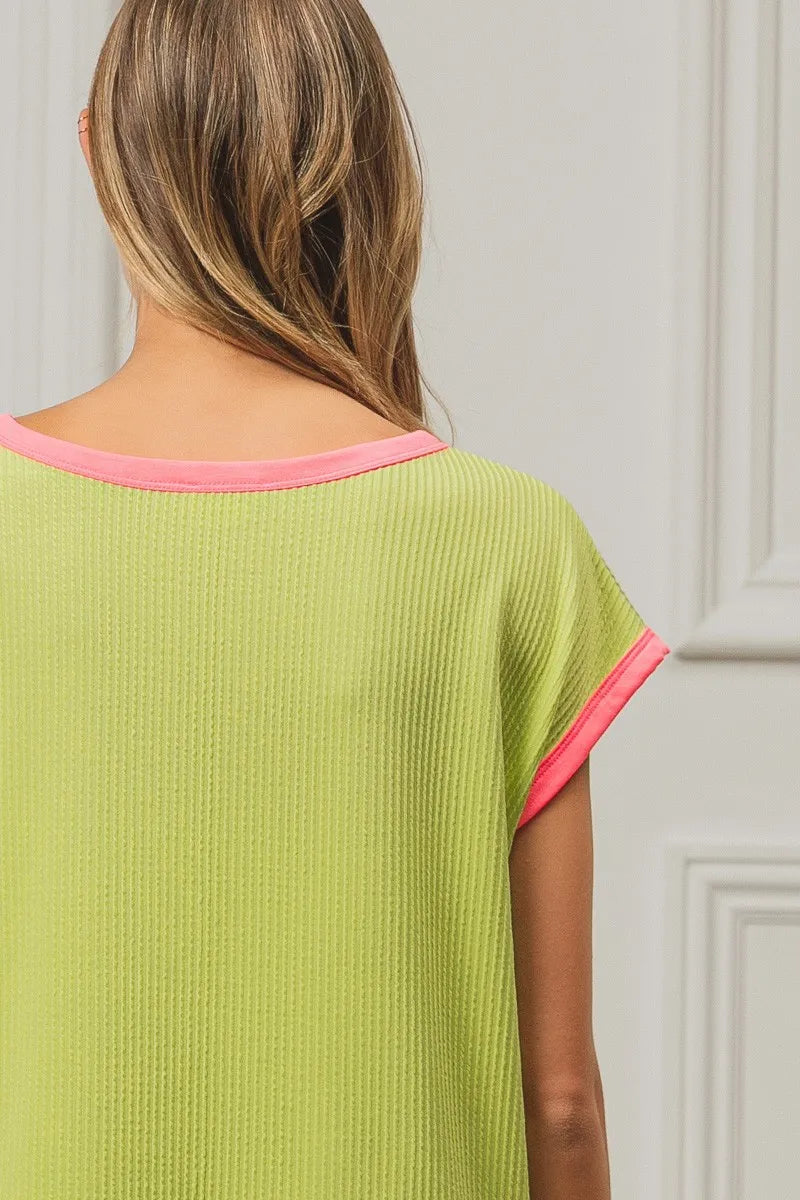 BiBi Cord Rib Knit Contrast Banded Top