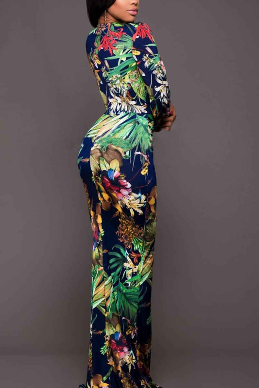 Printed Maxi Dress with Plunge Neck and Leg Split Detail for Effortless Style