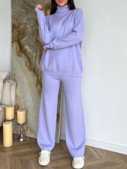Turtleneck Long Sleeve Top and Drawstring Pants Sweater Set Blue Purple One Size